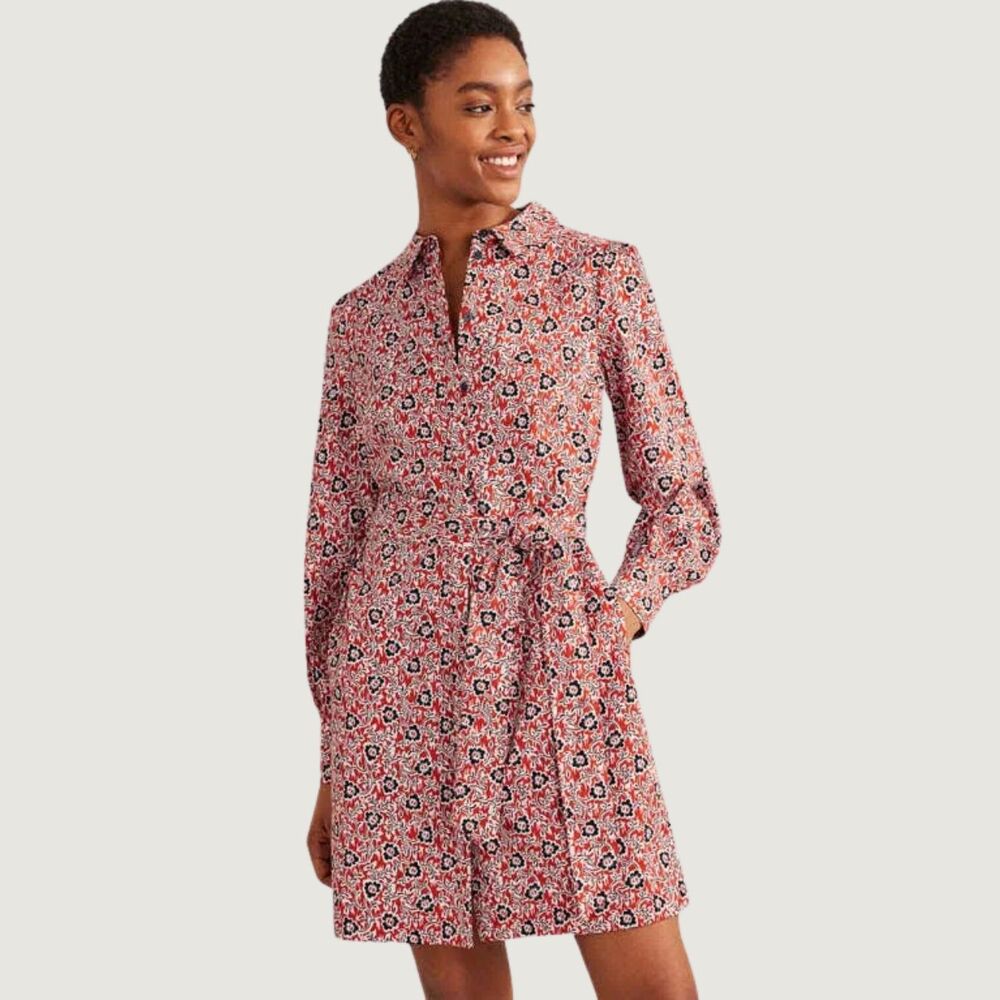 Boden Womens Dress Red Mini Floral Shirtdress Waist Tie Long Sleeve Boho Size 10